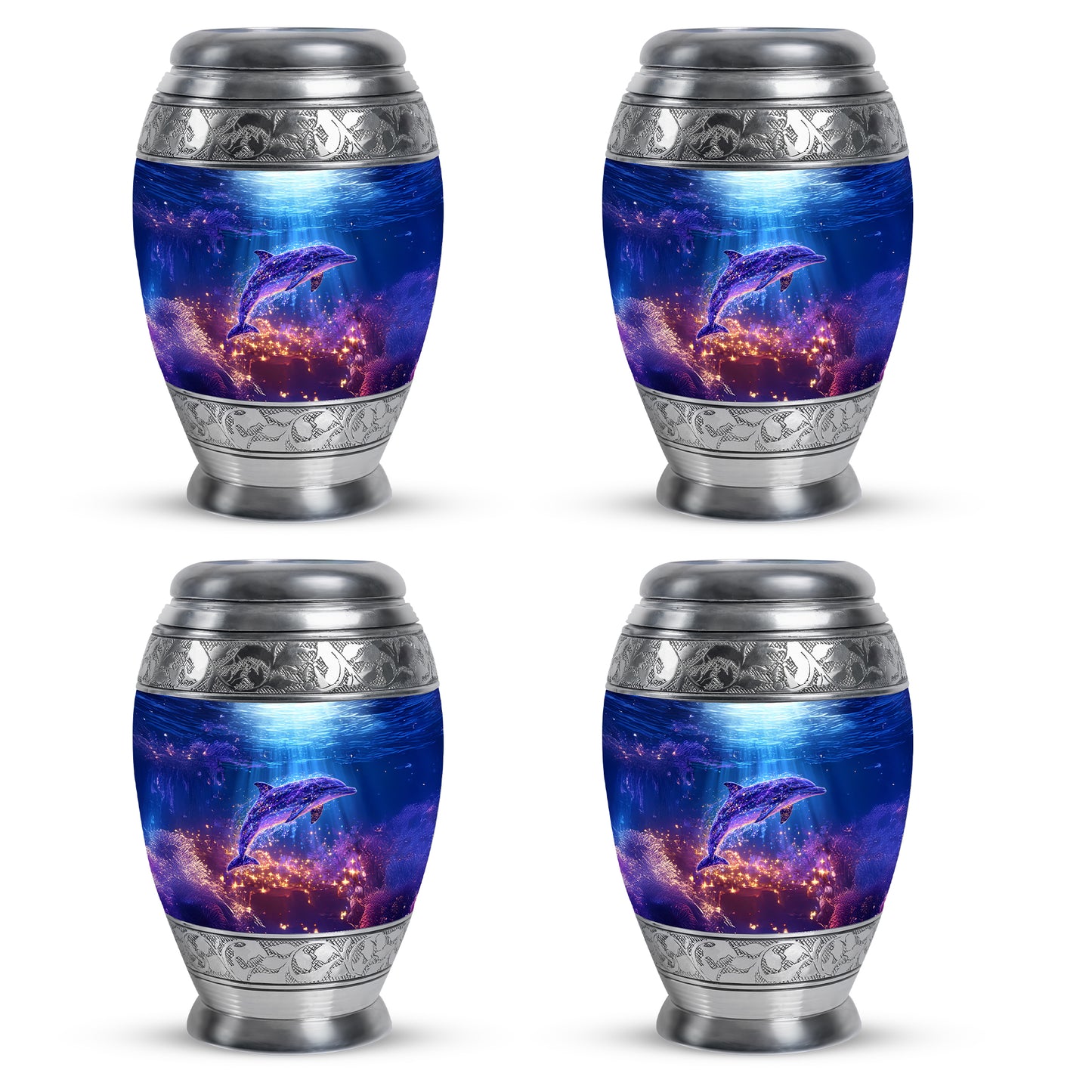 Pastel Blue Dolphin Cremation Urn urn with complimentary velvet bag - regal dolphin design with crown-inspired accents - 10 inch aluminum urn for cremated remains
