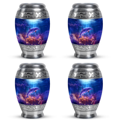 Pastel Blue Dolphin Cremation Urn urn with complimentary velvet bag - regal dolphin design with crown-inspired accents - 10 inch aluminum urn for cremated remains