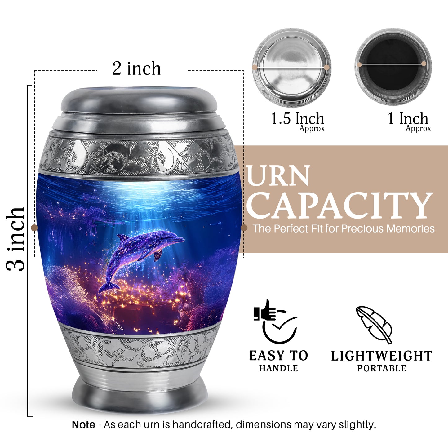 Celestial Blue Dolphin Cremation Urn lifestyle display on memorial shelf - regal dolphin design with crown-inspired accents - mini keepsake memorial for portion of cremation ashes
