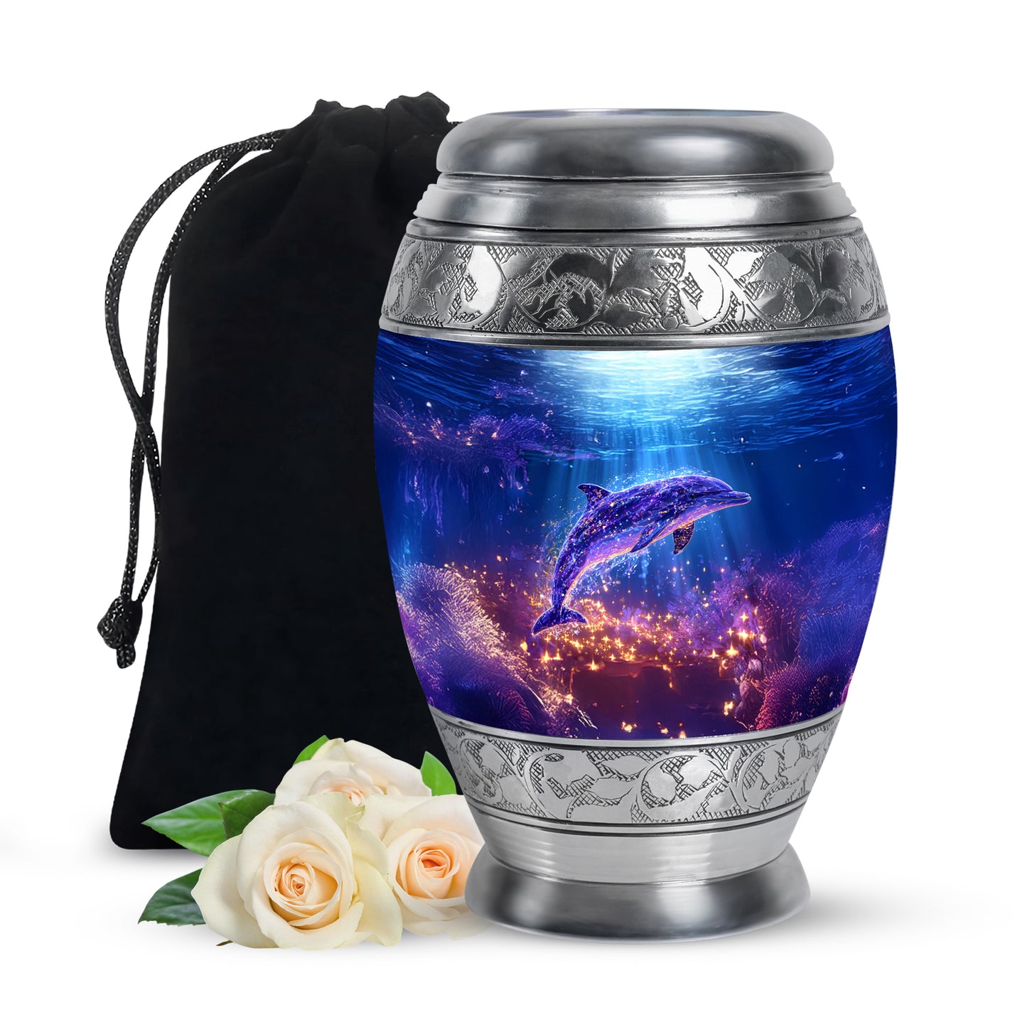 Cornflower Blue Dolphin Cremation Urn back view with polished surface - majestic dolphin pattern with filigree border - full-size 10 inch 200 cubic inch adult cremation urn