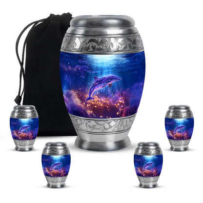 Icy Blue Dolphin Cremation Urn detail view - regal dolphin design with crown-inspired accents - memorial set with one large and four small urns