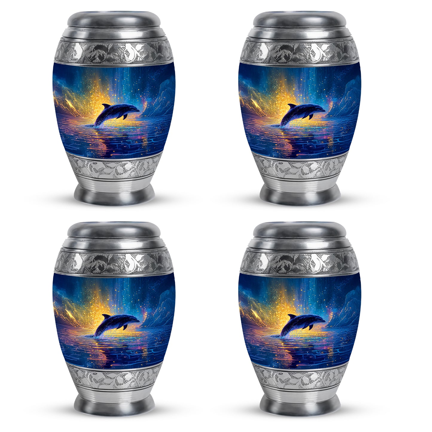 Pastel Blue Dolphin Cremation Urn urn with complimentary velvet bag - regal dolphin design with crown-inspired accents - 10 inch aluminum urn for cremated remains