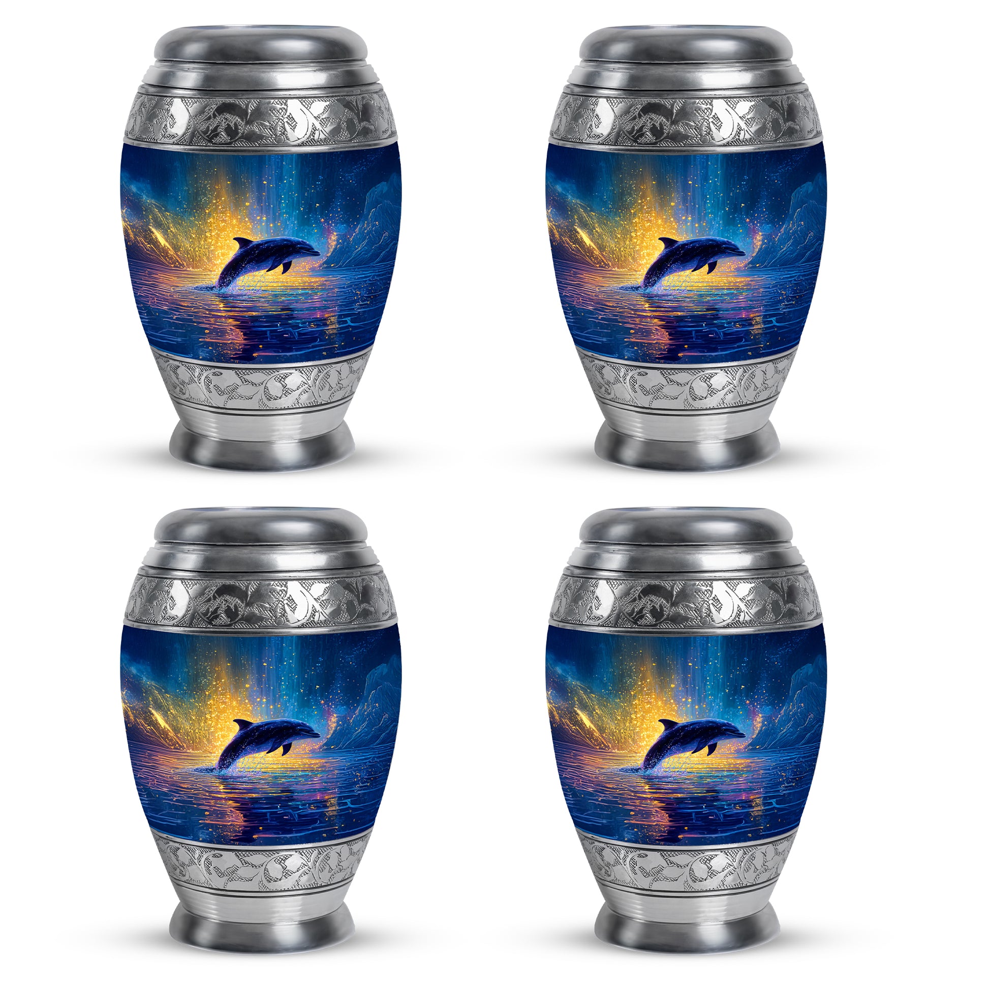 Pastel Blue Dolphin Cremation Urn urn with complimentary velvet bag - regal dolphin design with crown-inspired accents - 10 inch aluminum urn for cremated remains