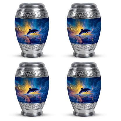 Pastel Blue Dolphin Cremation Urn urn with complimentary velvet bag - regal dolphin design with crown-inspired accents - 10 inch aluminum urn for cremated remains