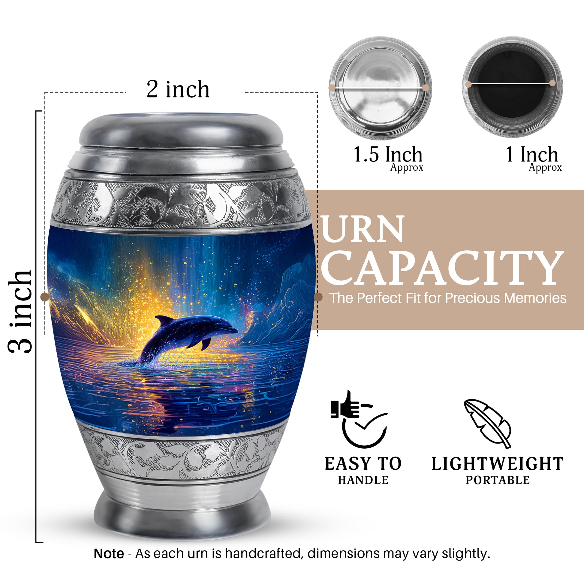 Dusty Blue Dolphin Cremation Urn lifestyle display on memorial shelf - regal dolphin design with crown-inspired accents - mini keepsake memorial for portion of cremation ashes