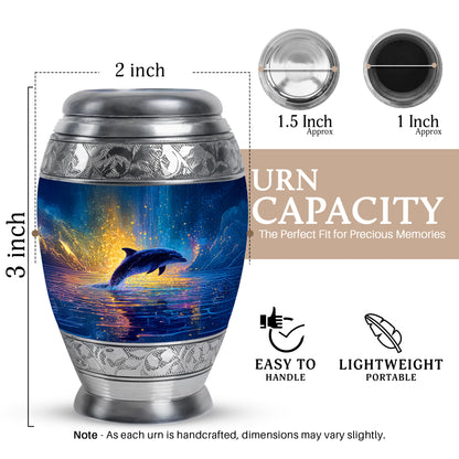 Dusty Blue Dolphin Cremation Urn lifestyle display on memorial shelf - regal dolphin design with crown-inspired accents - mini keepsake memorial for portion of cremation ashes