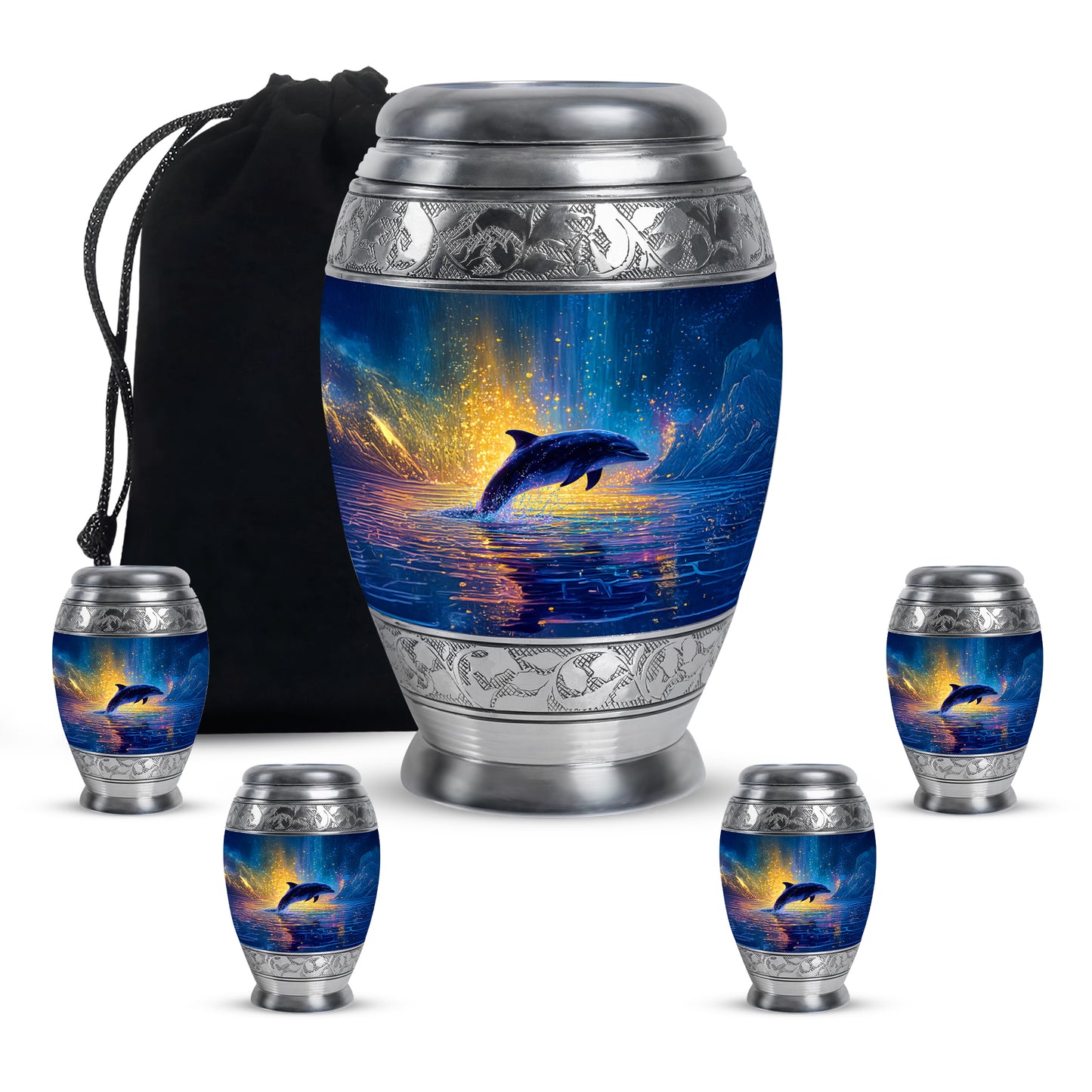 Serene Blue Dolphin Cremation Urn detail view - majestic dolphin pattern with filigree border - memorial set with one large and four small urns