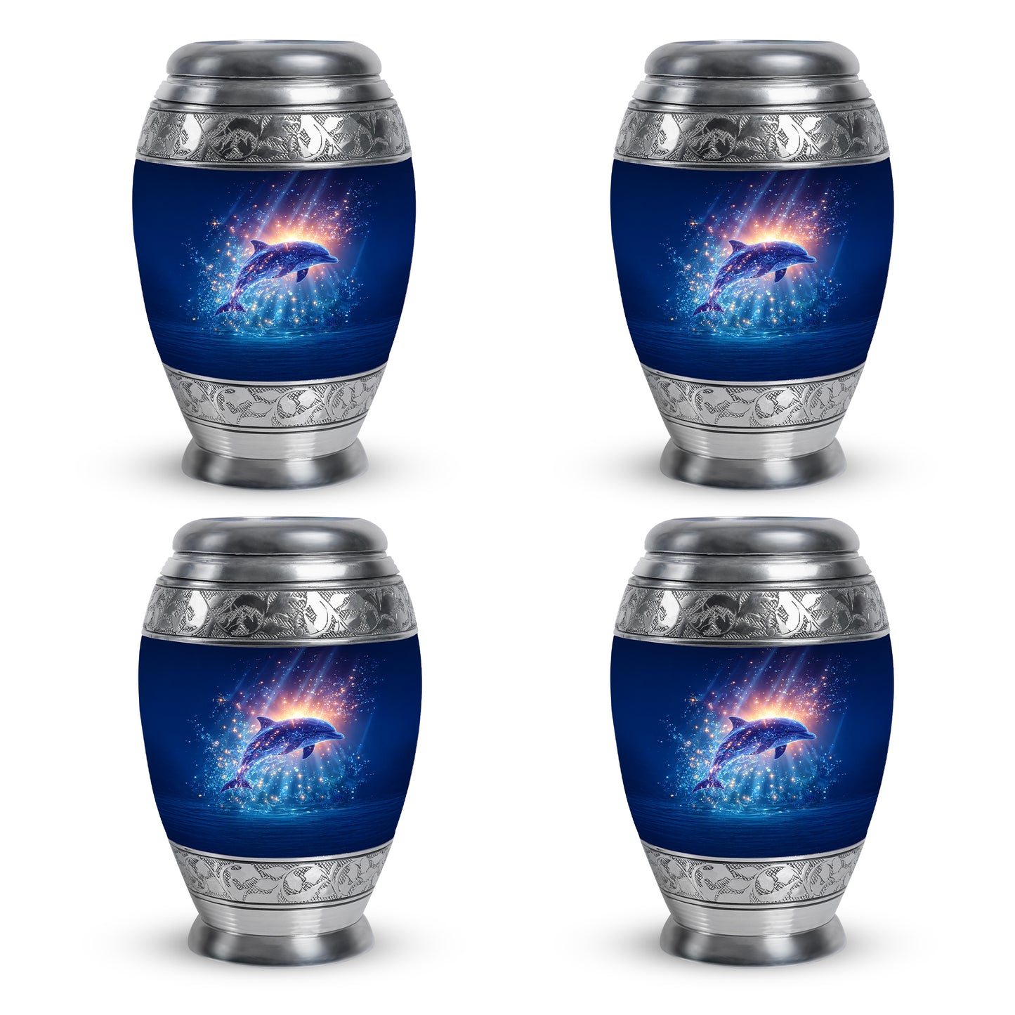 Misty Blue Dolphin Cremation Urn urn with complimentary velvet bag - regal dolphin design with crown-inspired accents - 10 inch aluminum urn for cremated remains