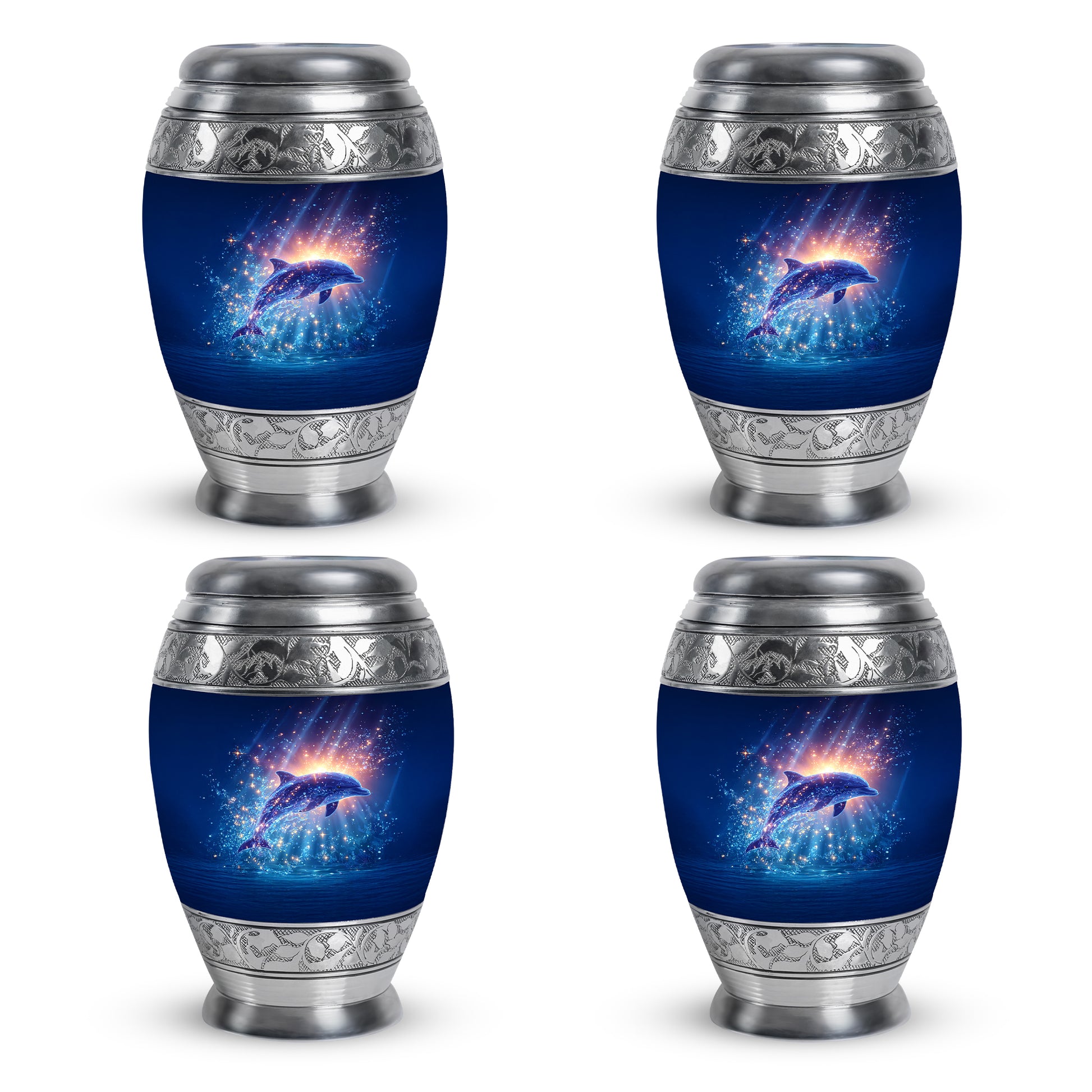 Misty Blue Dolphin Cremation Urn urn with complimentary velvet bag - regal dolphin design with crown-inspired accents - 10 inch aluminum urn for cremated remains