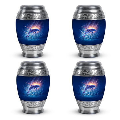 Misty Blue Dolphin Cremation Urn urn with complimentary velvet bag - regal dolphin design with crown-inspired accents - 10 inch aluminum urn for cremated remains