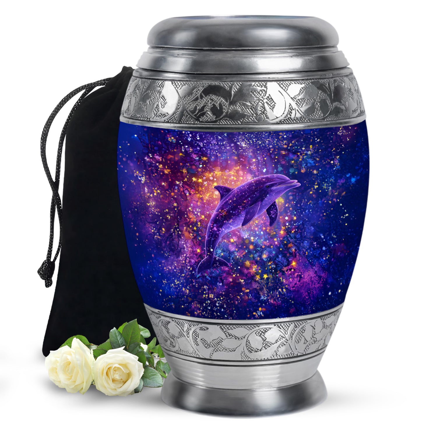 Sky Blue Dolphin Cremation Urn back view with polished surface - regal dolphin design with crown-inspired accents - full-size 10 inch 200 cubic inch adult cremation urn