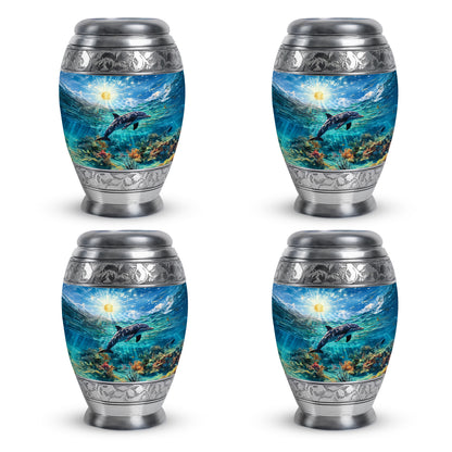 Serene Blue Dolphin Cremation Urn urn with complimentary velvet bag - royal dolphin engraving with decorative scrollwork - 10 inch aluminum urn for cremated remains