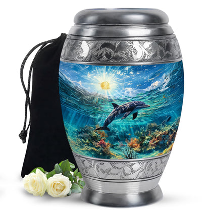 Soft Blue Dolphin Cremation Urn back view with polished surface - majestic dolphin pattern with filigree border - full-size 10 inch 200 cubic inch adult cremation urn