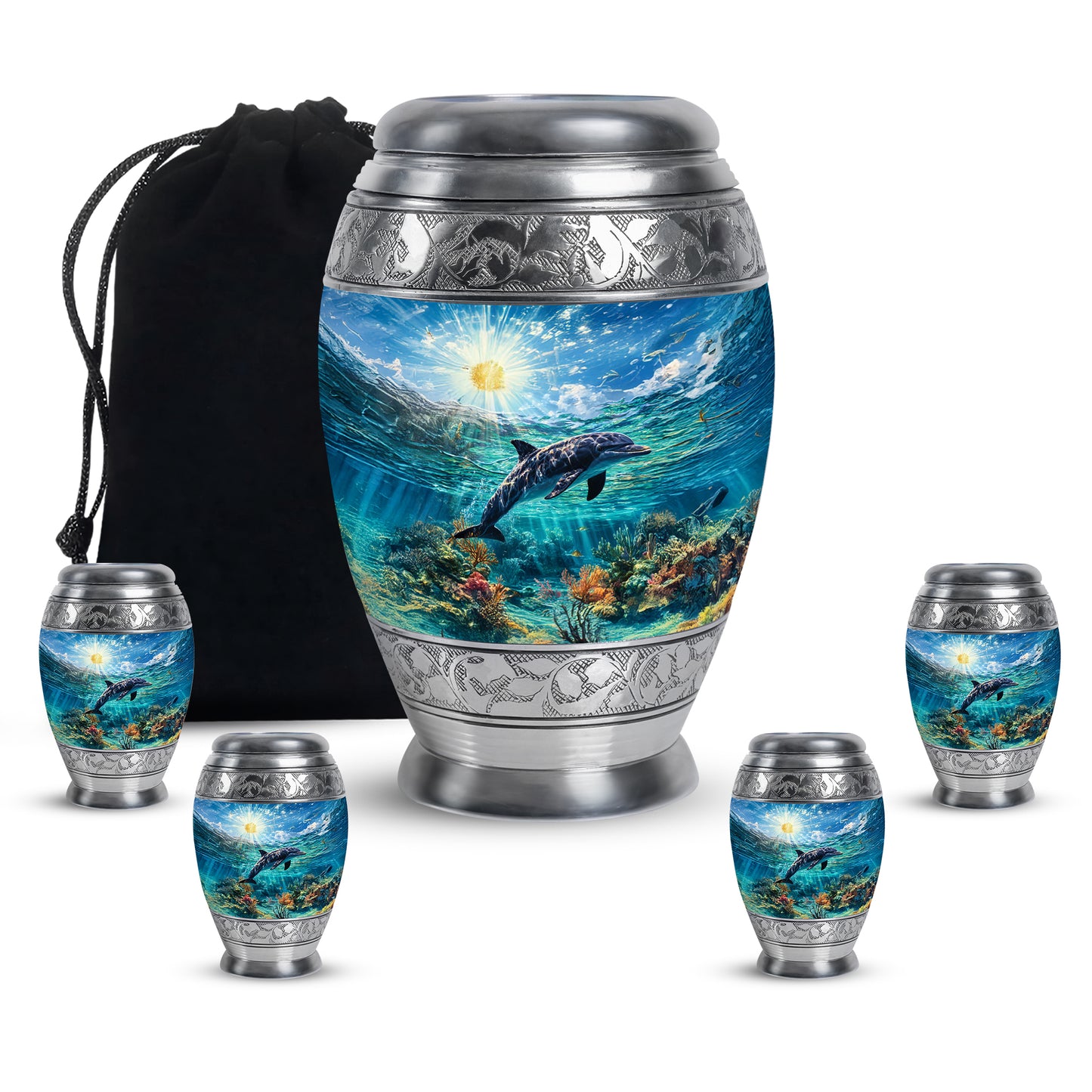 Powder Blue Dolphin Cremation Urn detail view - regal dolphin design with crown-inspired accents - memorial set with one large and four small urns