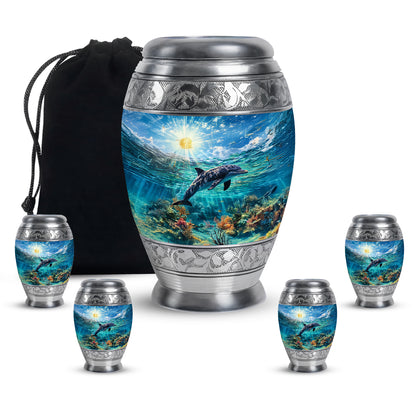 Powder Blue Dolphin Cremation Urn detail view - regal dolphin design with crown-inspired accents - memorial set with one large and four small urns