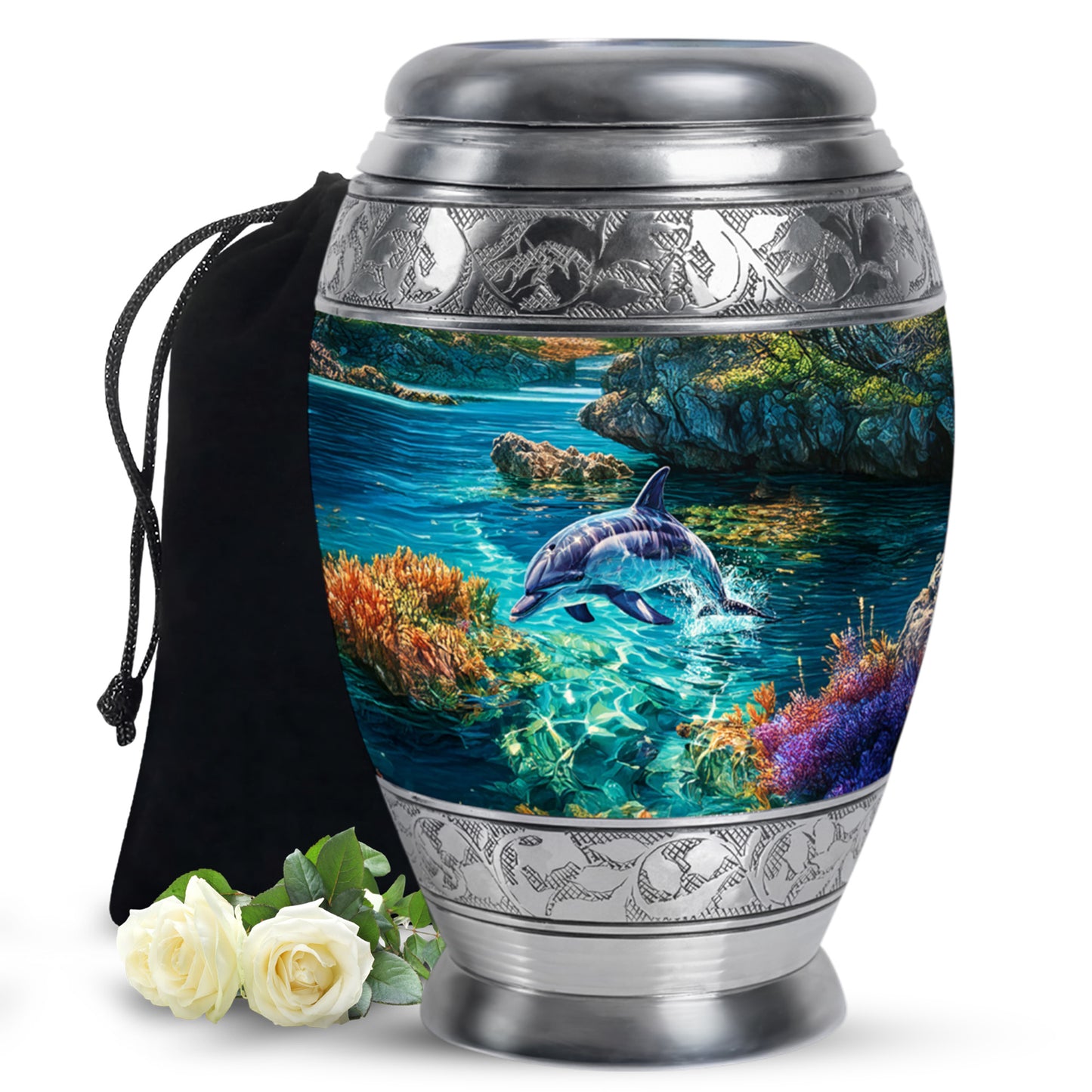 Pine Green Dolphin Cremation Urn back view with polished surface - royal dolphin engraving with decorative scrollwork - full-size 10 inch 200 cubic inch adult cremation urn