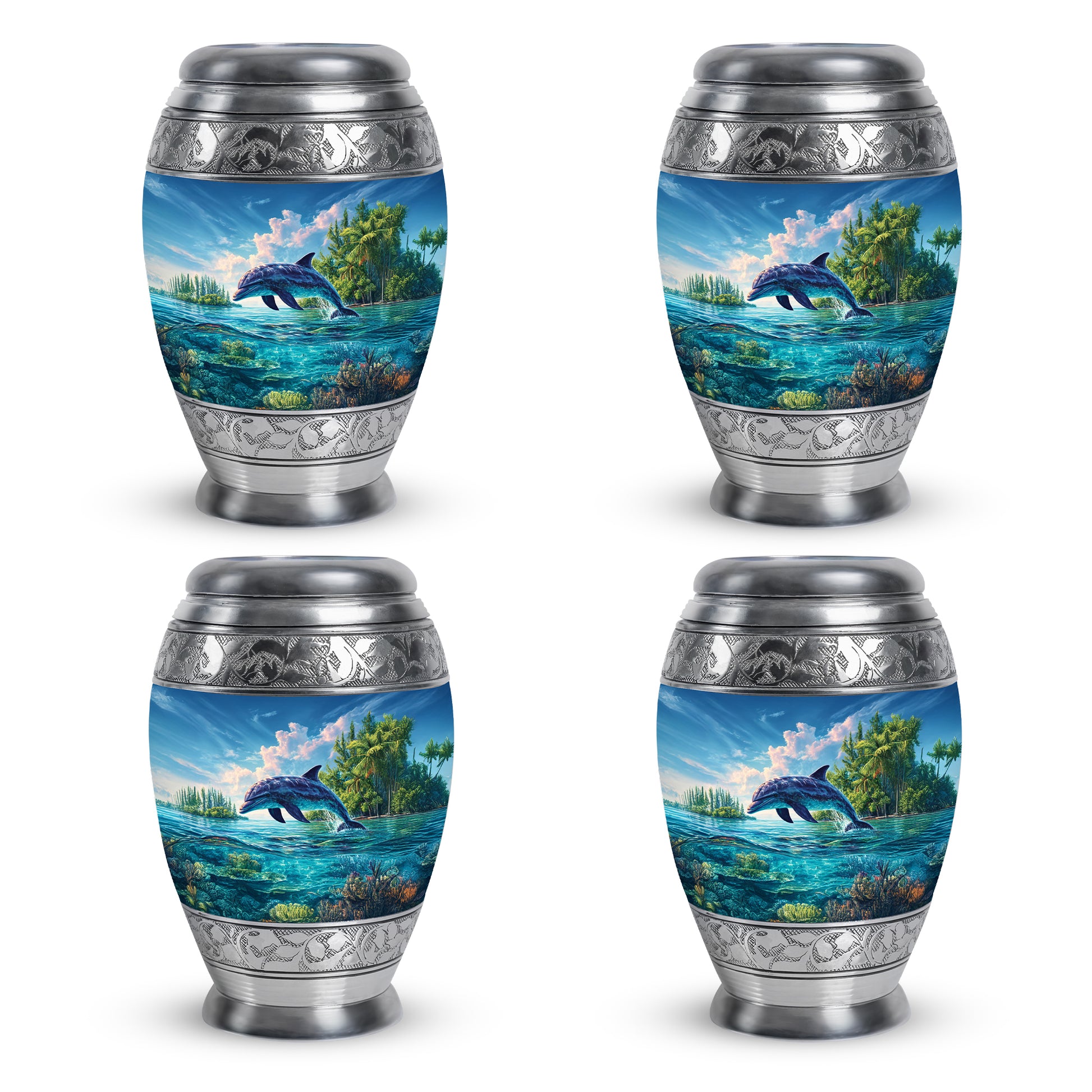 Powder Blue Dolphin Cremation Urn urn with complimentary velvet bag - ornate monarch-style dolphin relief on brushed aluminum - 10 inch aluminum urn for cremated remains