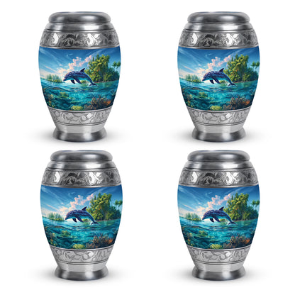 Powder Blue Dolphin Cremation Urn urn with complimentary velvet bag - ornate monarch-style dolphin relief on brushed aluminum - 10 inch aluminum urn for cremated remains