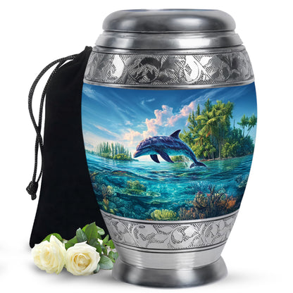 Navy Blue Dolphin Cremation Urn back view with polished surface - ornate monarch-style dolphin relief on brushed aluminum - full-size 10 inch 200 cubic inch adult cremation urn