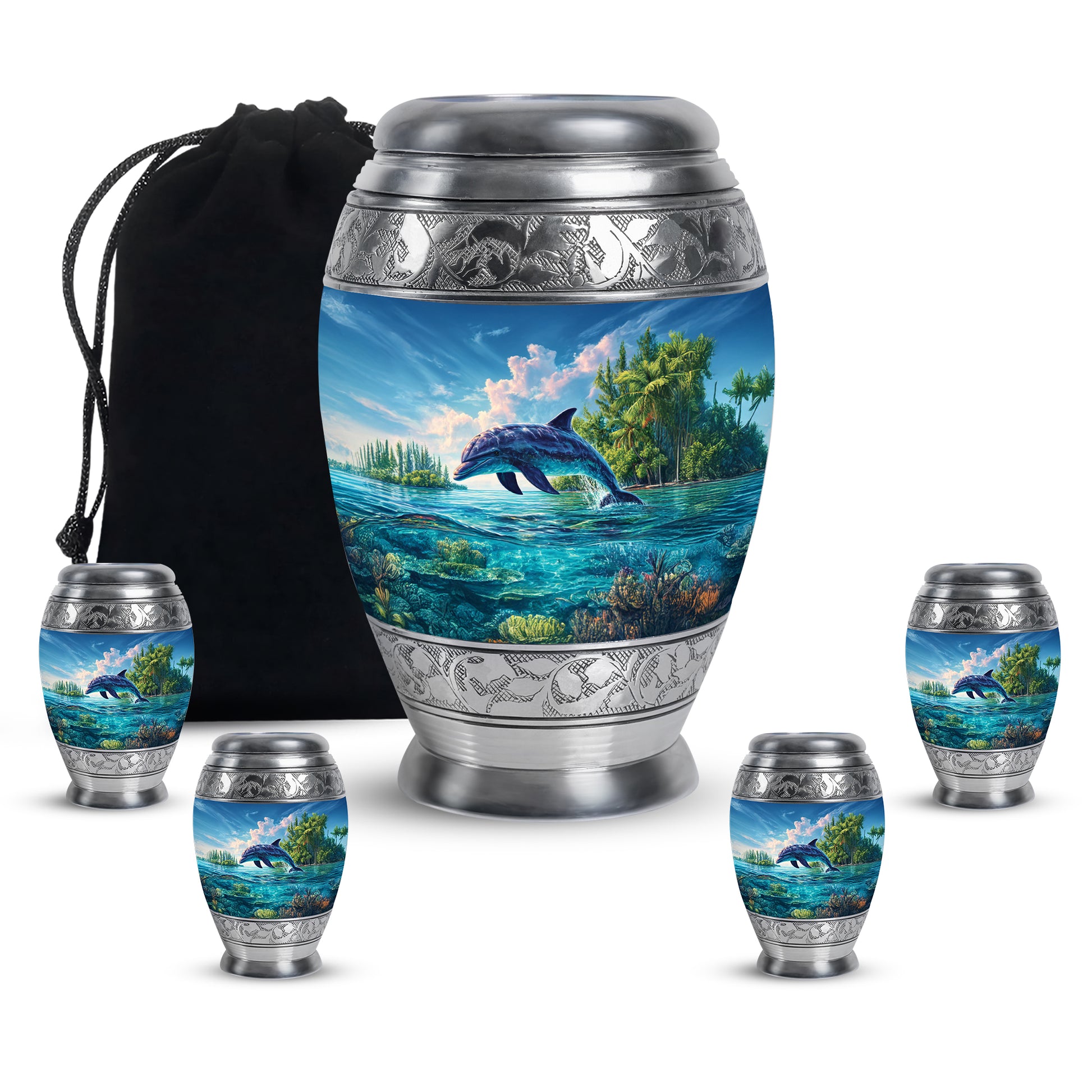 Pastel Blue Dolphin Cremation Urn detail view - regal dolphin design with crown-inspired accents - memorial set with one large and four small urns