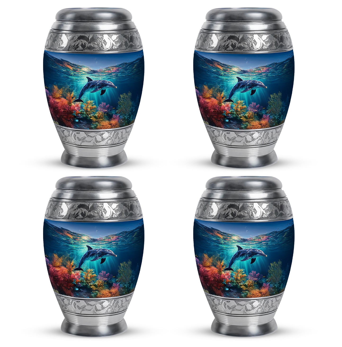 Sky Blue Dolphin Cremation Urn urn with complimentary velvet bag - regal dolphin design with crown-inspired accents - 10 inch aluminum urn for cremated remains
