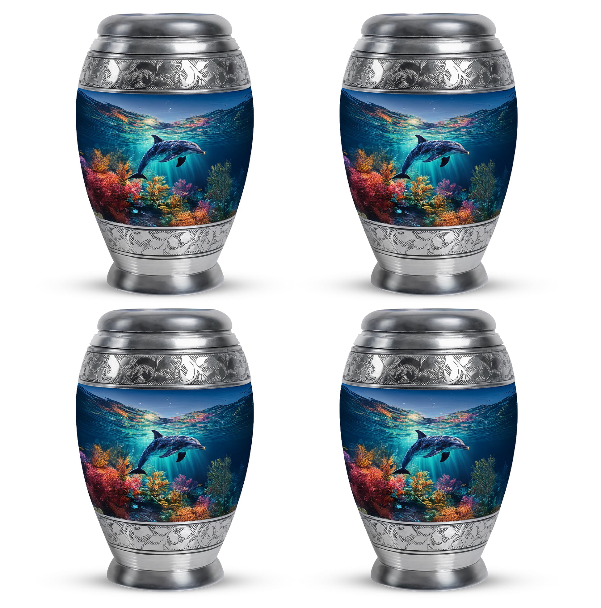 Sky Blue Dolphin Cremation Urn urn with complimentary velvet bag - regal dolphin design with crown-inspired accents - 10 inch aluminum urn for cremated remains