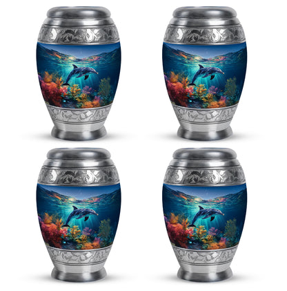 Sky Blue Dolphin Cremation Urn urn with complimentary velvet bag - regal dolphin design with crown-inspired accents - 10 inch aluminum urn for cremated remains