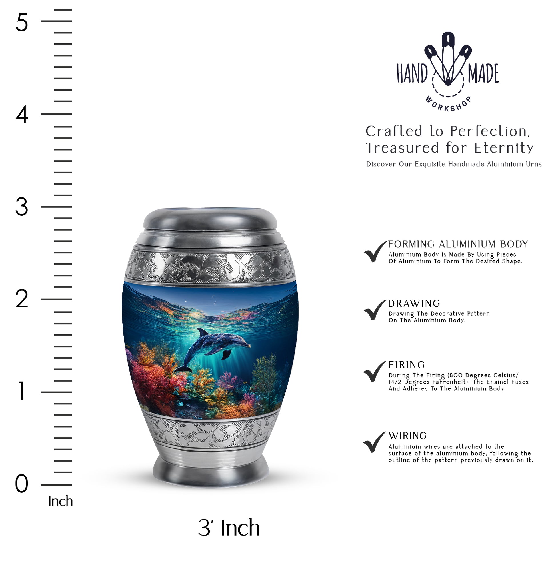 Cobalt Blue Dolphin Cremation Urn lifestyle display on memorial shelf - royal dolphin engraving with decorative scrollwork - mini keepsake memorial for portion of cremation ashes