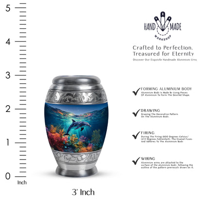 Cobalt Blue Dolphin Cremation Urn lifestyle display on memorial shelf - royal dolphin engraving with decorative scrollwork - mini keepsake memorial for portion of cremation ashes