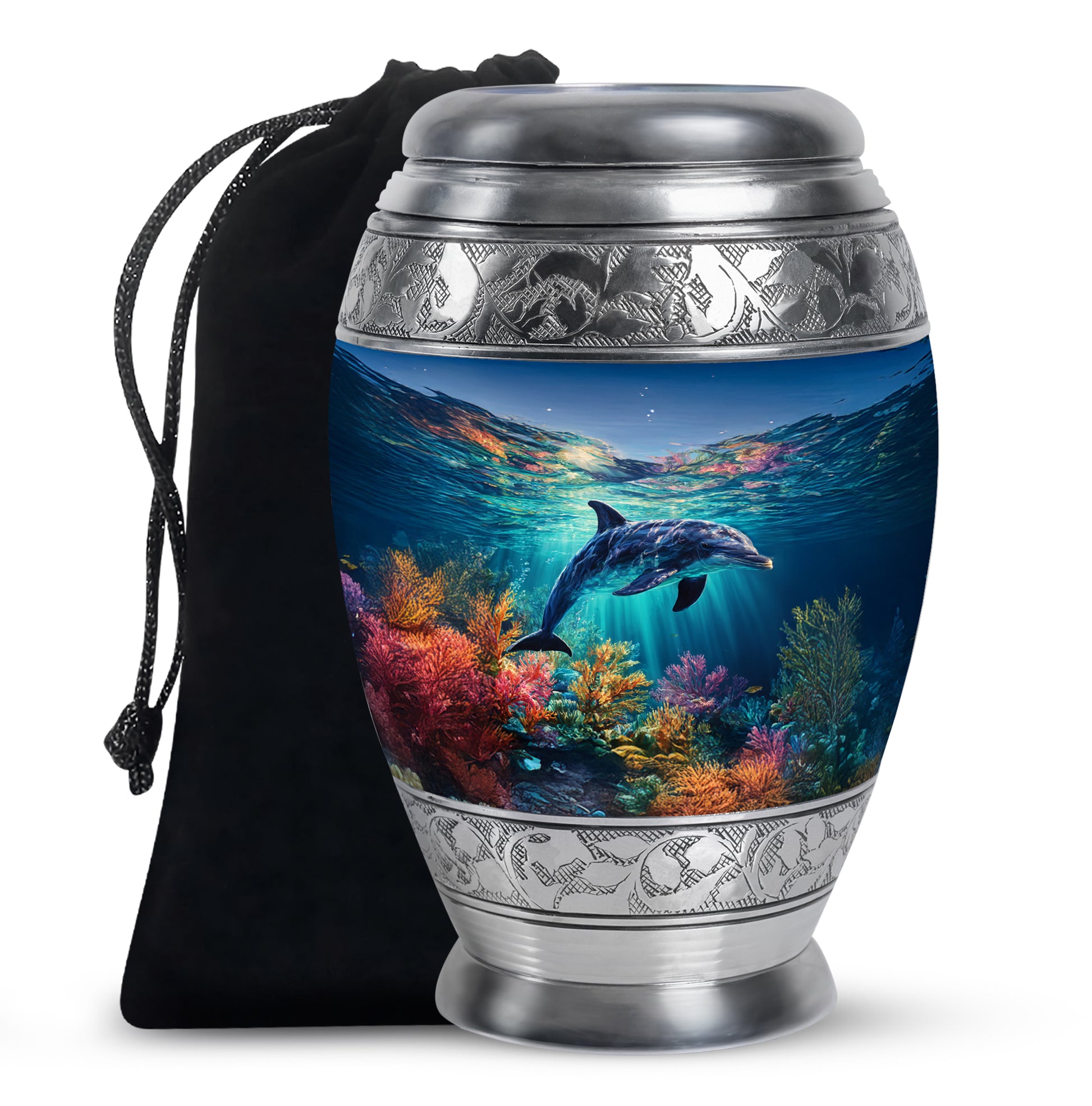 Dusty Blue Dolphin Cremation Urn back view with polished surface - ornate monarch-style dolphin relief on brushed aluminum - full-size 10 inch 200 cubic inch adult cremation urn
