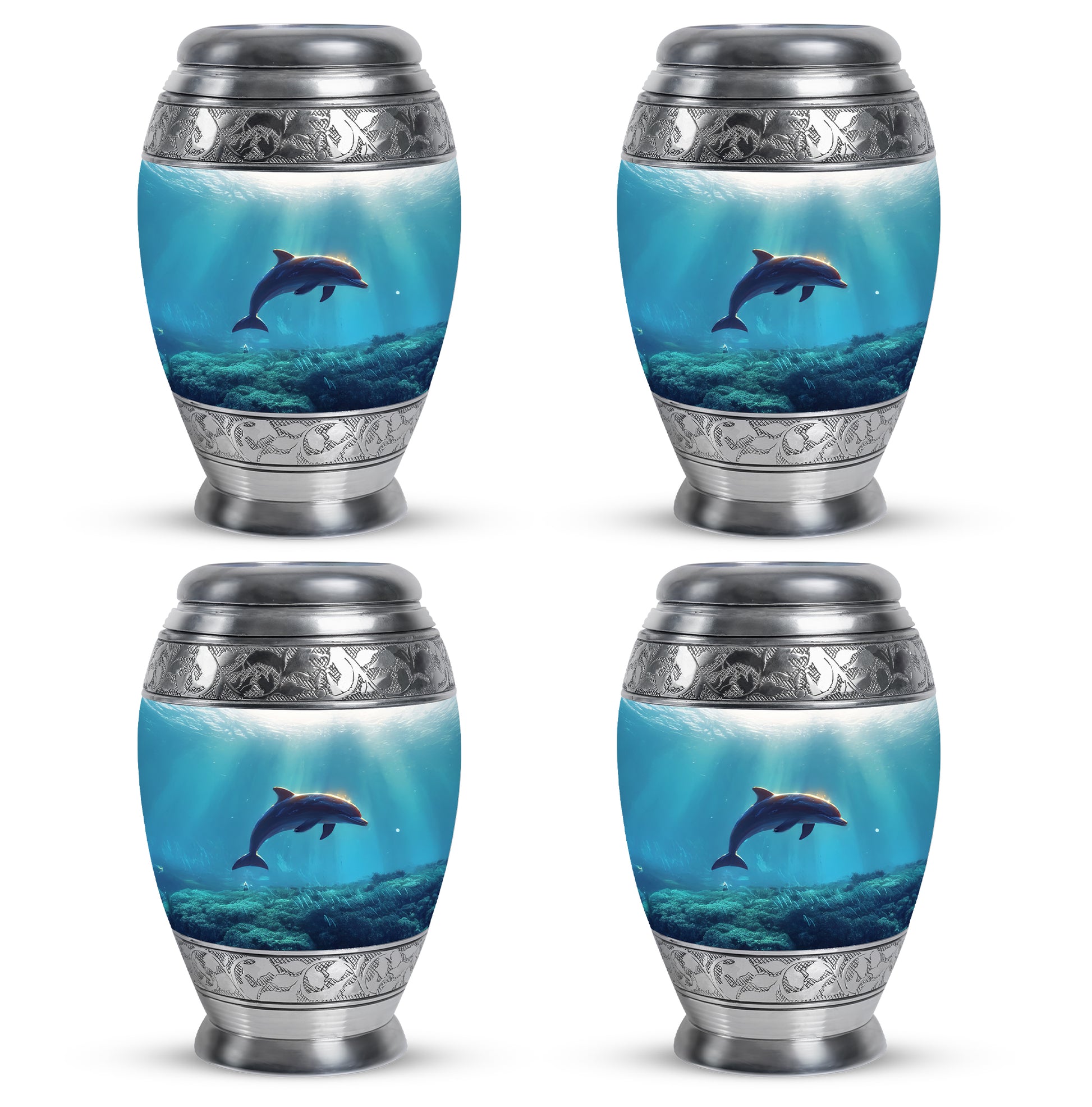 Sterling Silver Dolphin Cremation Urn urn with complimentary velvet bag - regal dolphin design with crown-inspired accents - 10 inch aluminum urn for cremated remains