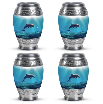 Sterling Silver Dolphin Cremation Urn urn with complimentary velvet bag - regal dolphin design with crown-inspired accents - 10 inch aluminum urn for cremated remains