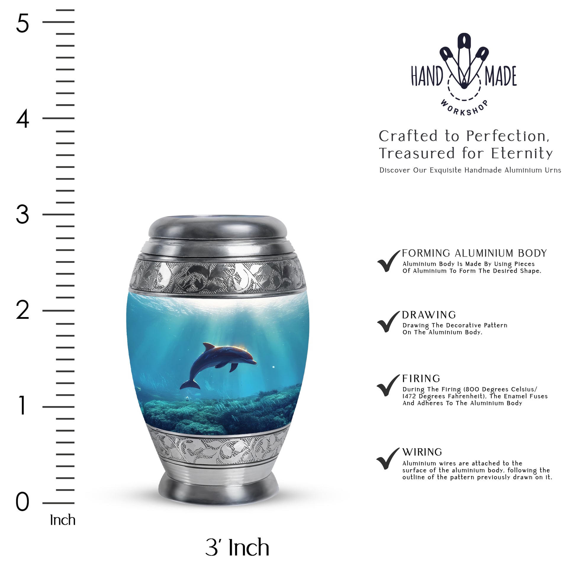 Frosted Silver Dolphin Cremation Urn lifestyle display on memorial shelf - royal dolphin engraving with decorative scrollwork - mini keepsake memorial for portion of cremation ashes
