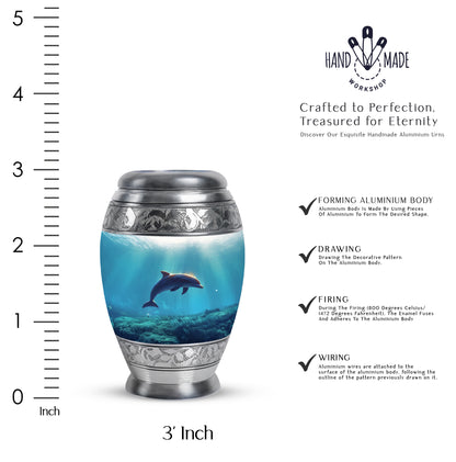 Frosted Silver Dolphin Cremation Urn lifestyle display on memorial shelf - royal dolphin engraving with decorative scrollwork - mini keepsake memorial for portion of cremation ashes
