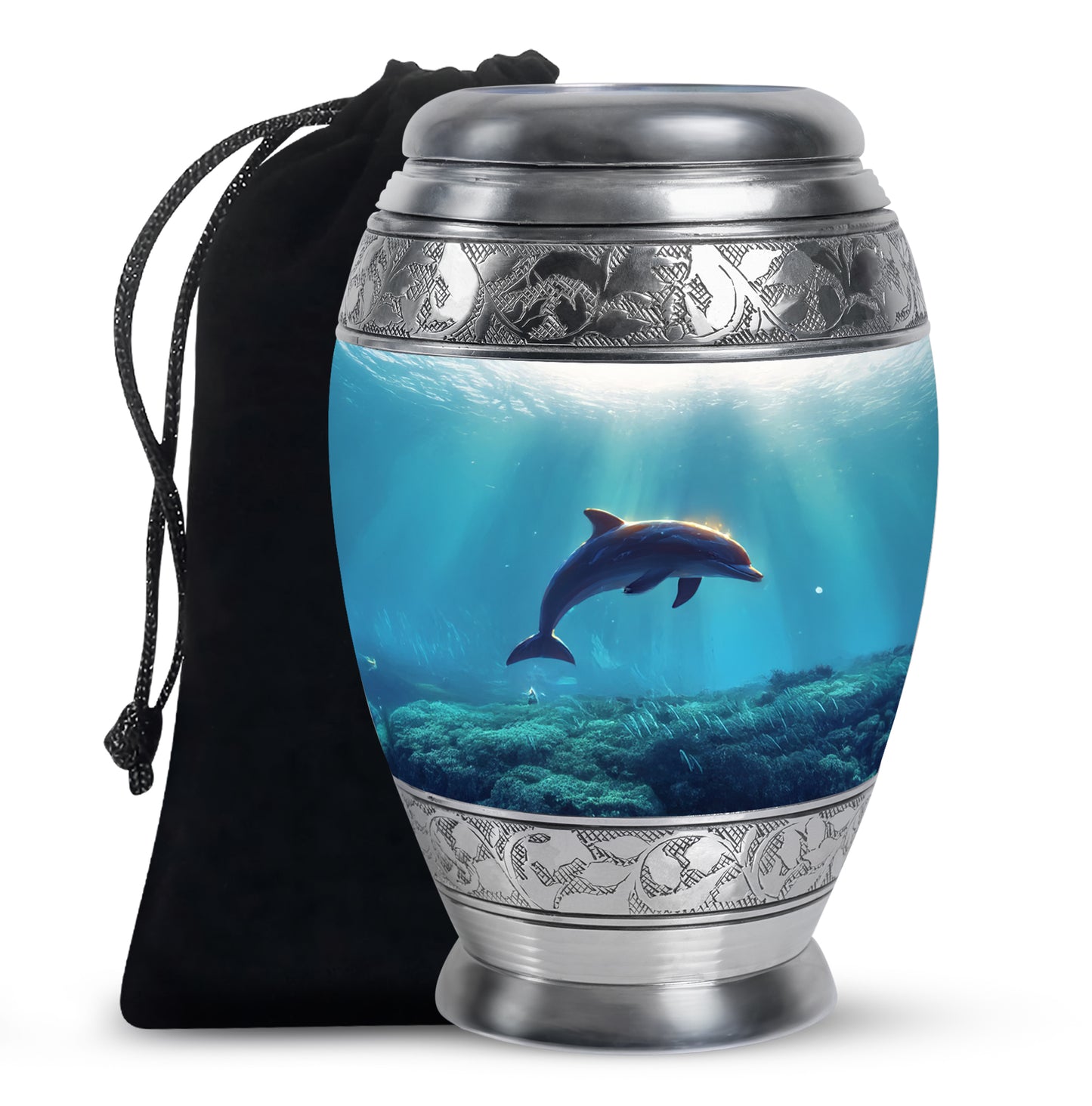 Chrome Silver Dolphin Cremation Urn back view with polished surface - majestic dolphin pattern with filigree border - full-size 10 inch 200 cubic inch adult cremation urn