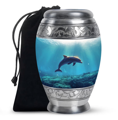 Chrome Silver Dolphin Cremation Urn back view with polished surface - majestic dolphin pattern with filigree border - full-size 10 inch 200 cubic inch adult cremation urn