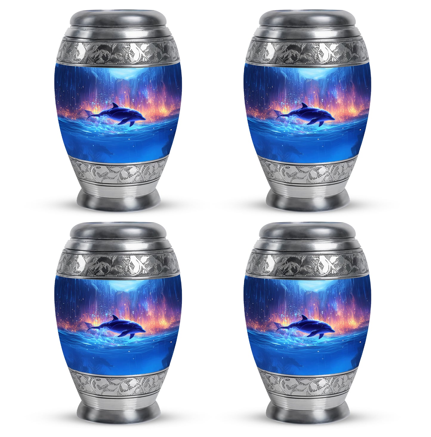 Indigo Dolphin Cremation Urn urn with complimentary velvet bag - regal dolphin design with crown-inspired accents - 10 inch aluminum urn for cremated remains