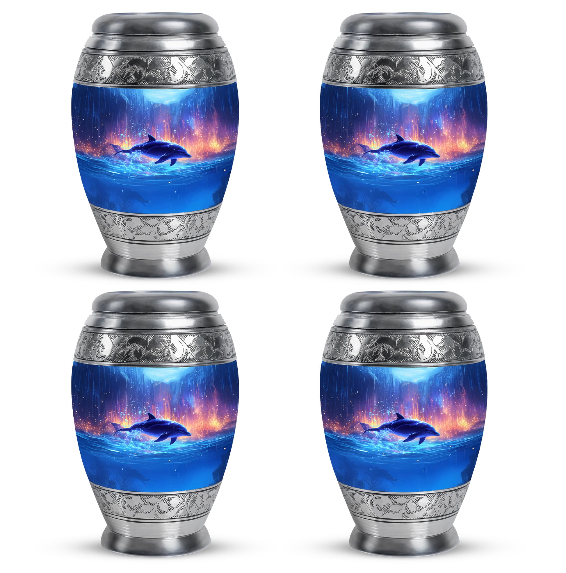 Indigo Dolphin Cremation Urn urn with complimentary velvet bag - regal dolphin design with crown-inspired accents - 10 inch aluminum urn for cremated remains