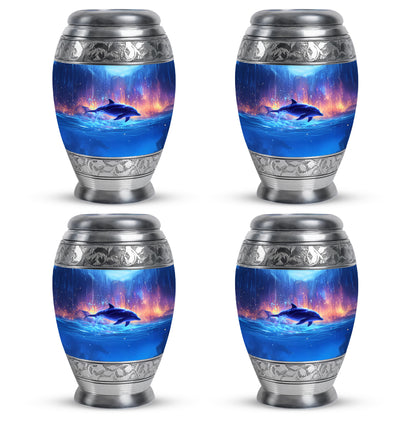 Indigo Dolphin Cremation Urn urn with complimentary velvet bag - regal dolphin design with crown-inspired accents - 10 inch aluminum urn for cremated remains
