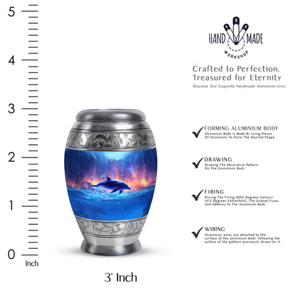 Azure Dolphin Cremation Urn lifestyle display on memorial shelf - regal dolphin design with crown-inspired accents - mini keepsake memorial for portion of cremation ashes