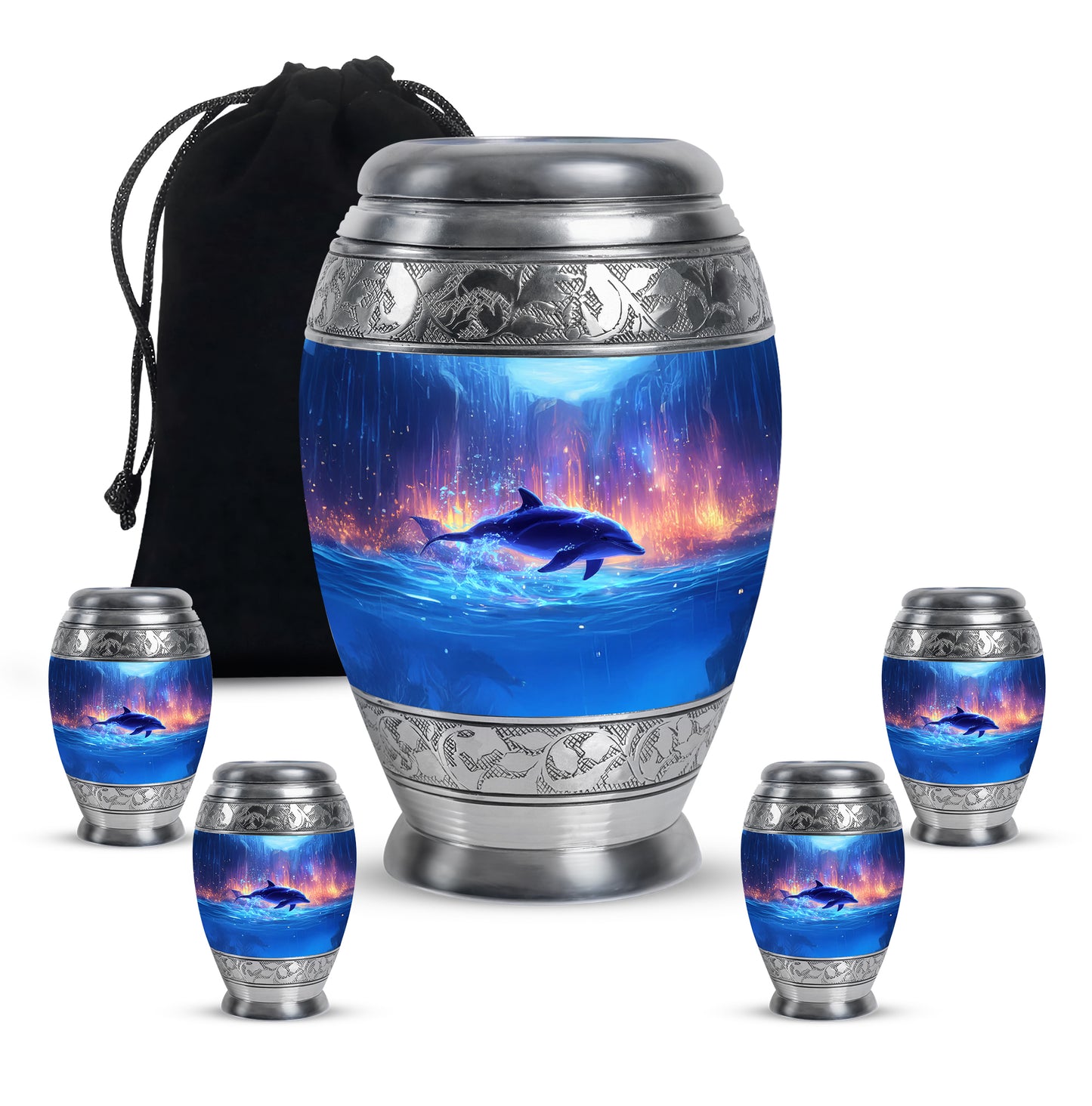 Cobalt Blue Dolphin Cremation Urn detail view - majestic dolphin pattern with filigree border - memorial set with one large and four small urns