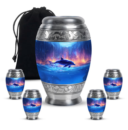 Cobalt Blue Dolphin Cremation Urn detail view - majestic dolphin pattern with filigree border - memorial set with one large and four small urns