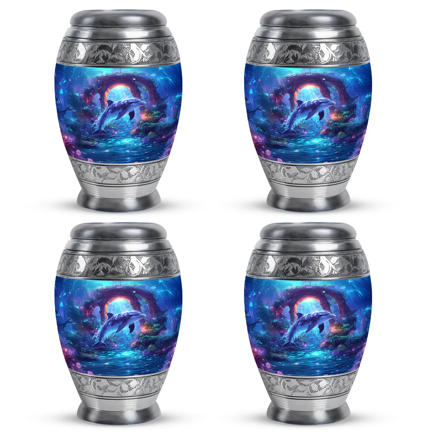 Steel Blue Dolphin Cremation Urn urn with complimentary velvet bag - royal dolphin engraving with decorative scrollwork - 10 inch aluminum urn for cremated remains