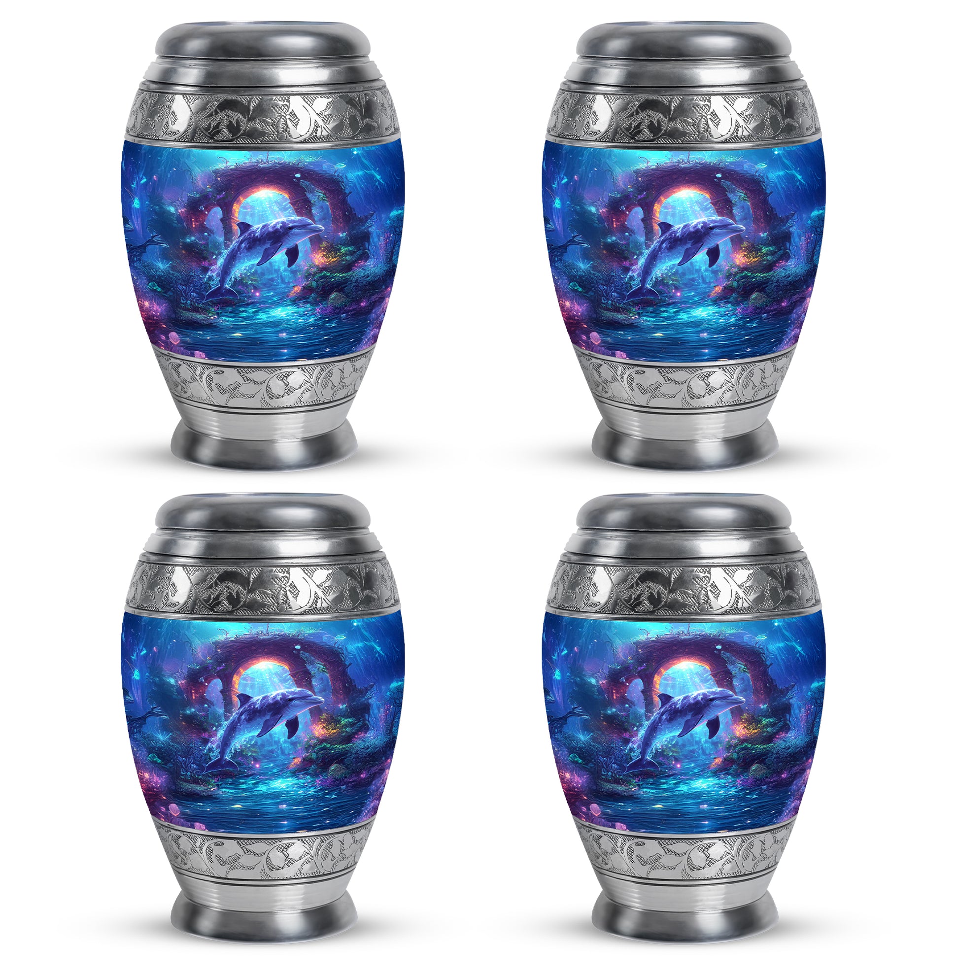 Steel Blue Dolphin Cremation Urn urn with complimentary velvet bag - royal dolphin engraving with decorative scrollwork - 10 inch aluminum urn for cremated remains