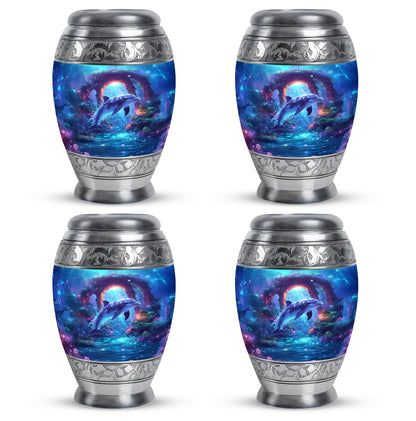 Steel Blue Dolphin Cremation Urn urn with complimentary velvet bag - royal dolphin engraving with decorative scrollwork - 10 inch aluminum urn for cremated remains