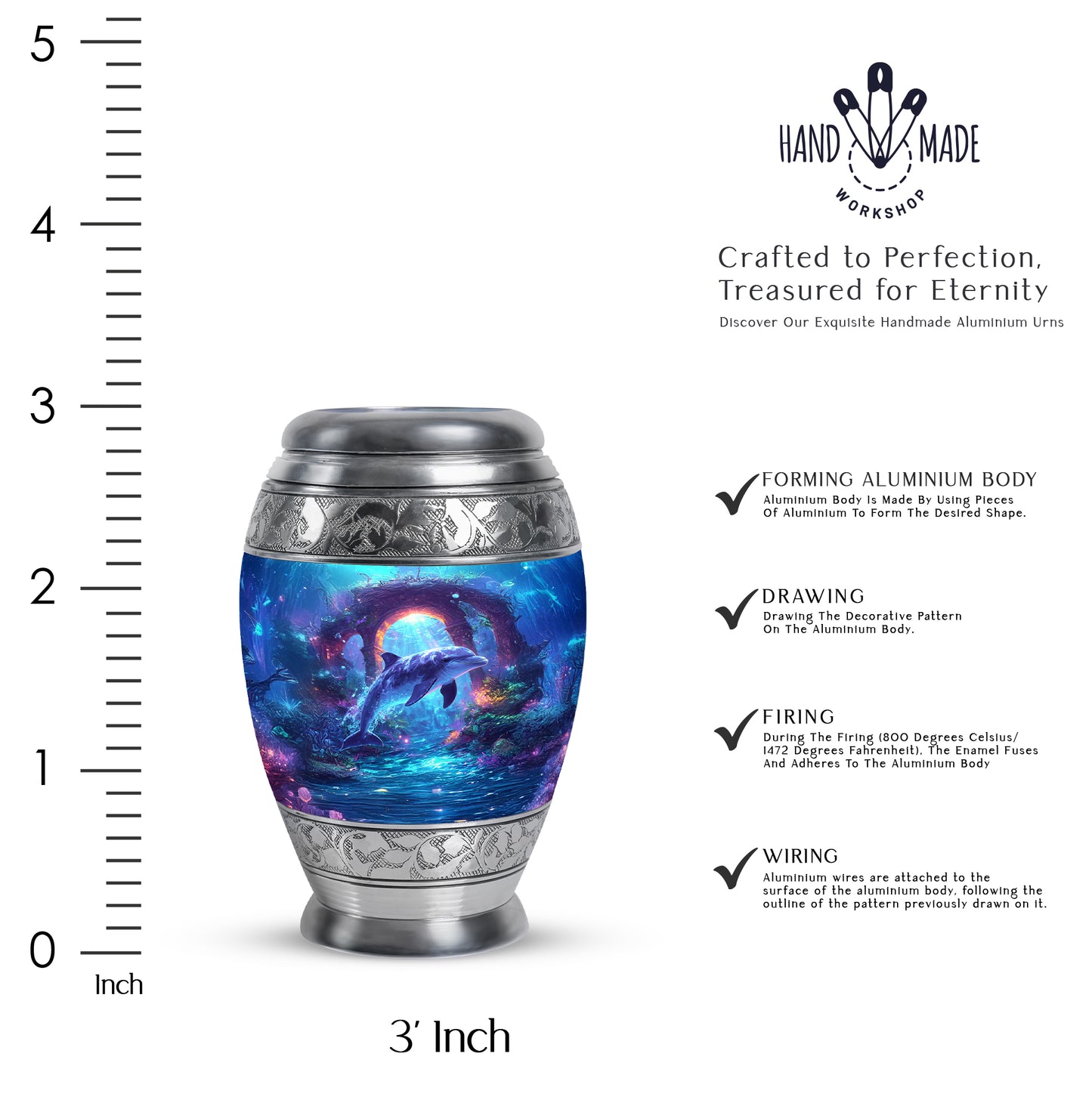 Cornflower Blue Dolphin Cremation Urn lifestyle display on memorial shelf - majestic dolphin pattern with filigree border - mini keepsake memorial for portion of cremation ashes