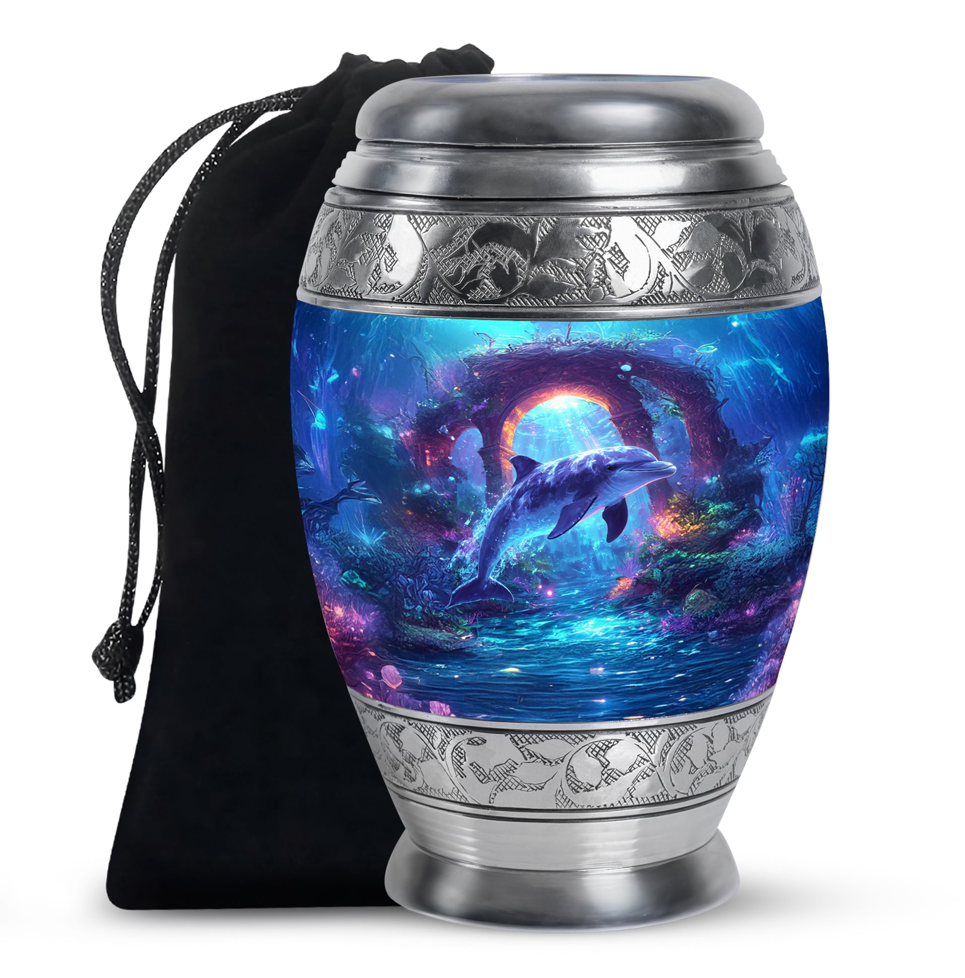 Icy Blue Dolphin Cremation Urn back view with polished surface - ornate monarch-style dolphin relief on brushed aluminum - full-size 10 inch 200 cubic inch adult cremation urn