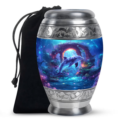 Icy Blue Dolphin Cremation Urn back view with polished surface - ornate monarch-style dolphin relief on brushed aluminum - full-size 10 inch 200 cubic inch adult cremation urn