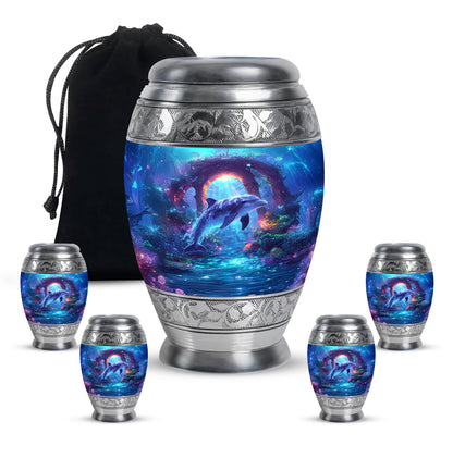 Navy Blue Dolphin Cremation Urn detail view - regal dolphin design with crown-inspired accents - memorial set with one large and four small urns