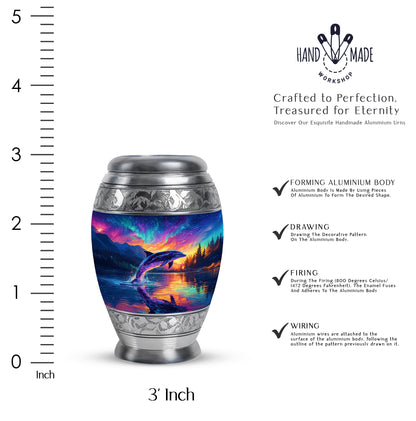 Soft Blue Dolphin Cremation Urn lifestyle display on memorial shelf - majestic dolphin pattern with filigree border - mini keepsake memorial for portion of cremation ashes